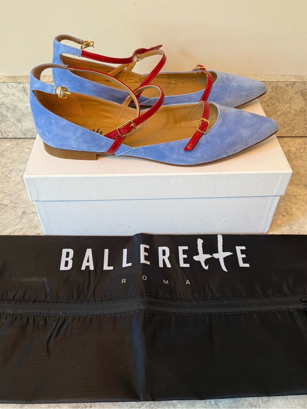 Ballerette Blue Suede Pointed Flats with Red Straps